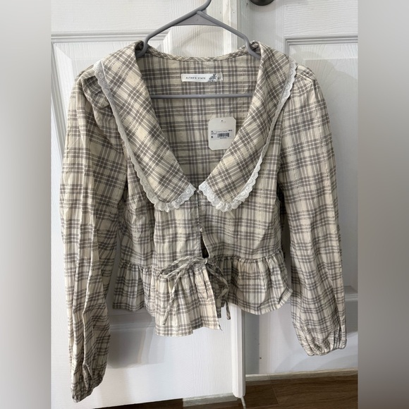 Altar’d State Raya Plaid Beige Women's Top with Lace Collar - Picture 2 of 9